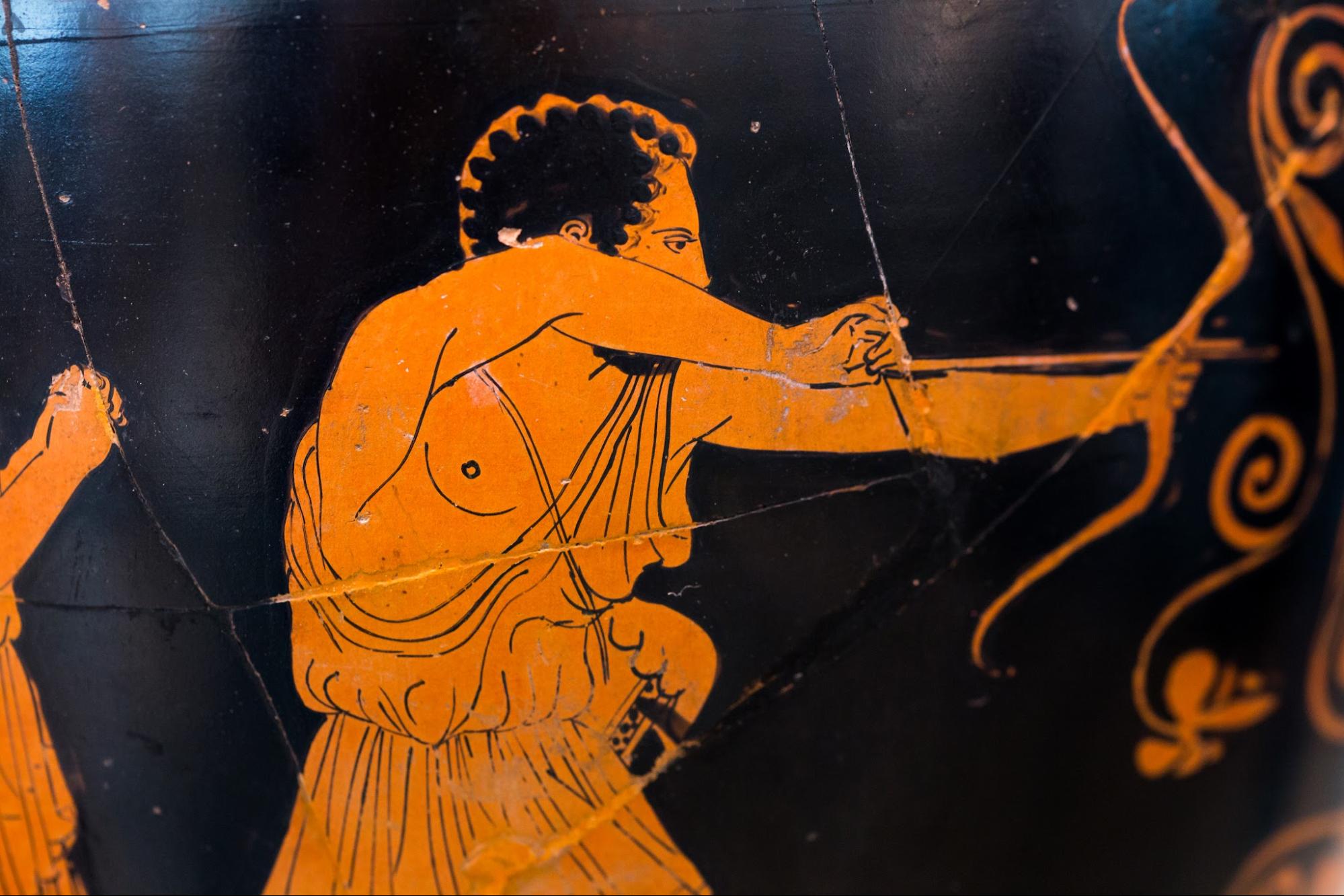 Ancient Greek red-figure vase painting of an archer drawing a bow, evoking Odysseus in The Odyssey