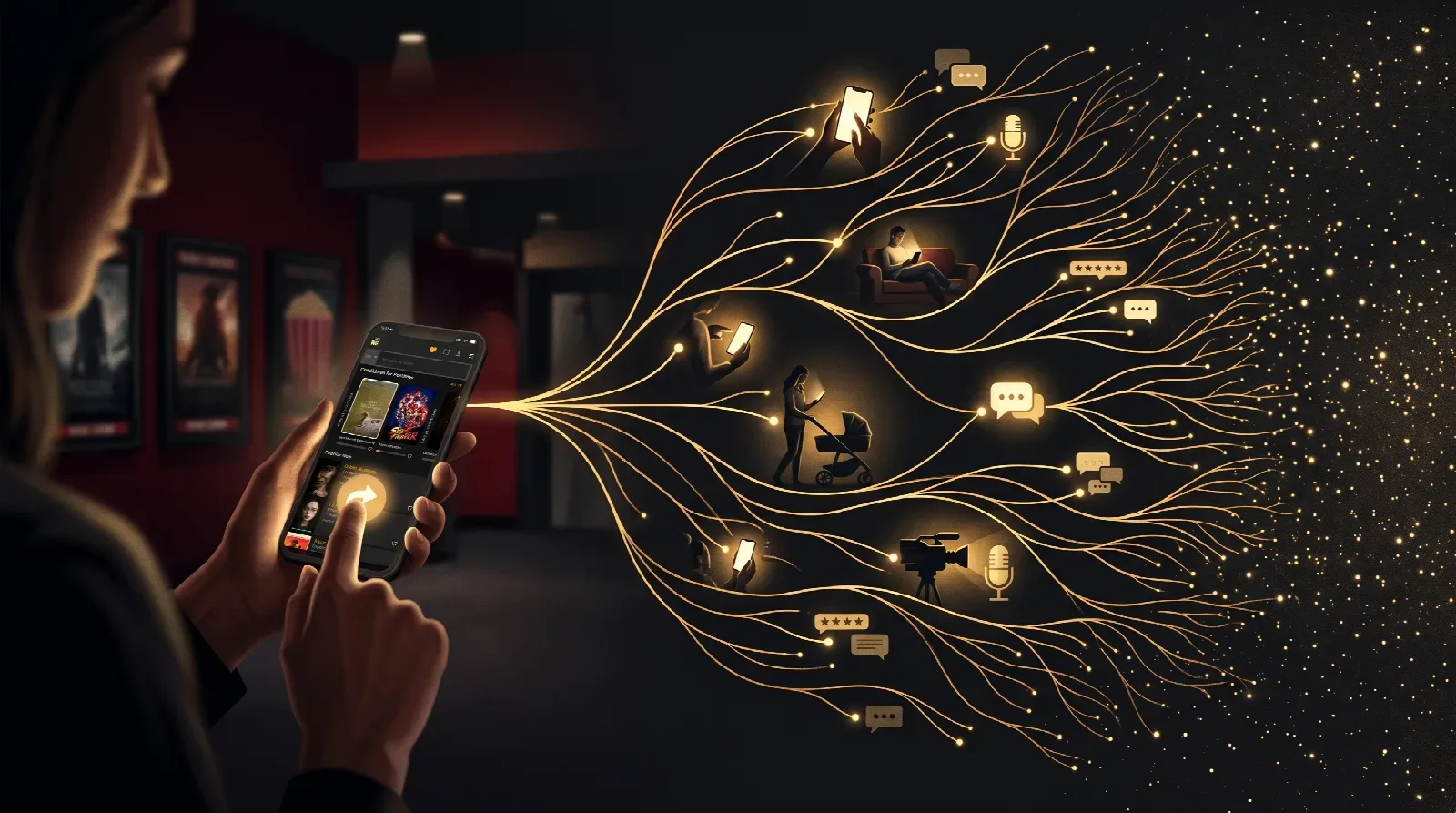 A moviegoer in a theater lobby taps the share button on the RunPee app, and golden threads branch out from the phone to friends, a parent with a stroller, group chats, star ratings, a news camera and a podcast microphone, fading into a field of lights.