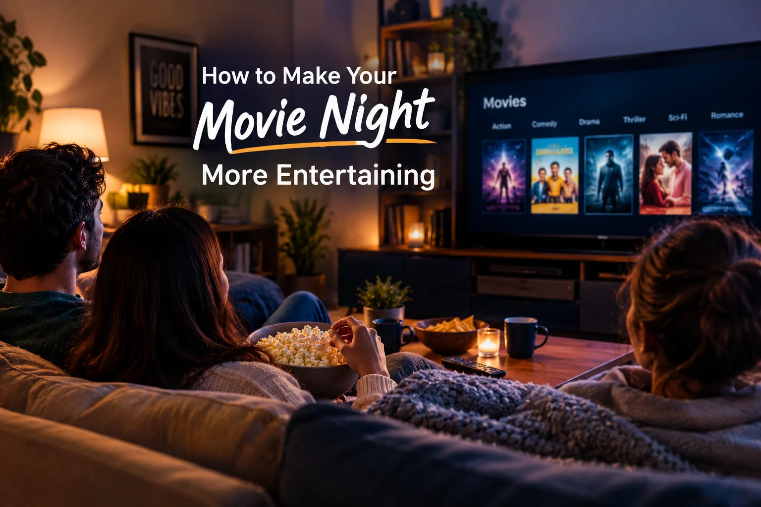Friends on a couch with popcorn and blankets, watching a streaming movie menu on a big TV in a cozy, lamp-lit living room